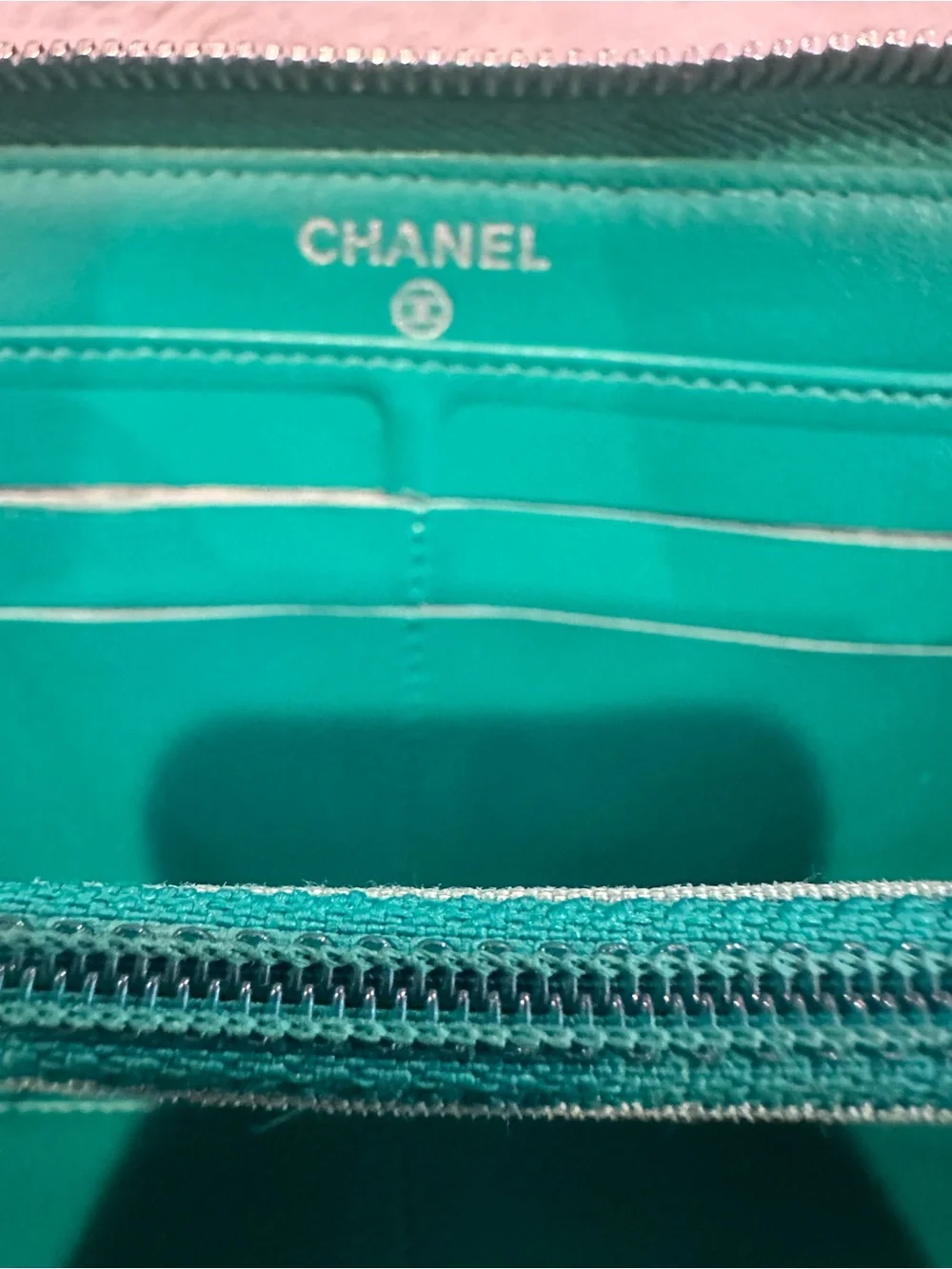 CHANEL Green Quilted Zip Wallet with Silver CC